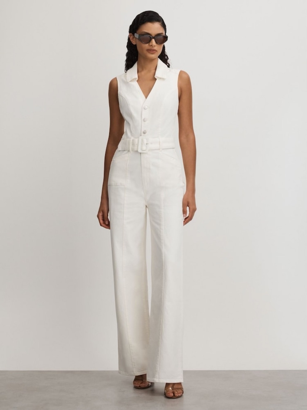 PAIGE Sasha Jumpsuit Tonal Ecru Size 8 Belted Wide Leg